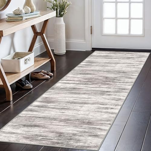 KOZYFLY Modern Kitchen Runner Rug 2x6 Washable Rug Runner Grey Beige | Non-Slip, Non-Shedding, Low Pile Soft, Abstract Striped, For Hall Kitchen Entryway Bathroom Laundry Bedroom Foyer - color: Grey/Light Beige/Brown, size: 2' x 6' (Runner)