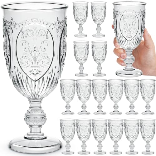 Wiwiqing 18 Pack Plastic Goblets 10oz Upgrade Vintage Water Goblet Plastic Wine Glasses Colored Retro Embossed Glassware for Party Wine Bar Juice Baby Shower Wedding Reception Grand (Clear) - color: Clear