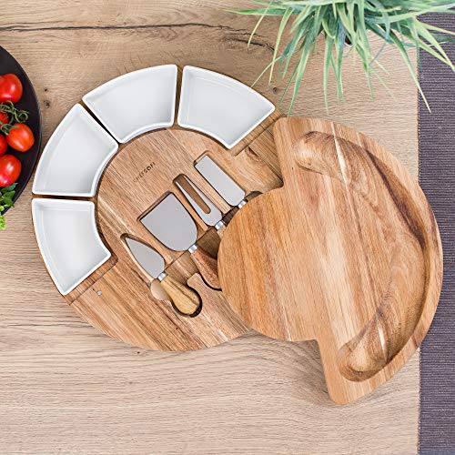 ChefSofi Charcuterie Board Set and Cheese Serving Platter - Made from Acacia Wood - US Patented 13 inch Cheese Board and Knife Set for Entertaining and Serving - 4 Knives and 4 Bowls - size: 13 inch