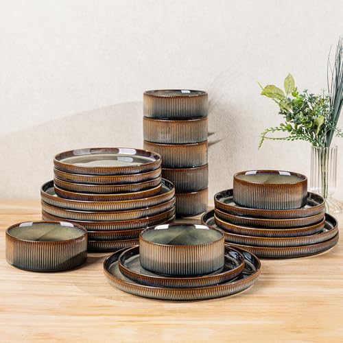 Ceramic Dinnerware Set for 8, 24-Piece Plates and Bowls Set | Lightweight Porcelain Dish Set, Scratch Resistant, Oven & Microwave & Dishwasher Safe, Cocoa Mocha - color: Cocoa Mocha, size: Set (24pcs)