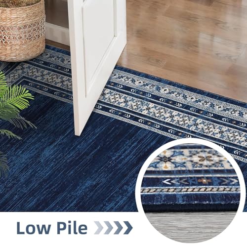 8x10 Area Rugs for Living Room, Machine Washable Area Rug for Bedroom, Modern Solid Rug with Non Slip Backing, Stain Resistant Non Shedding Bordered Carpet for Dining Room, Kids Room, Blue | Modern Solid Non Slip Backing Neutral Border Stain Resistant Non