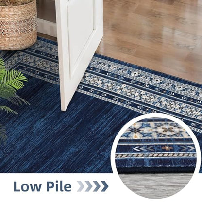 8x10 Area Rugs for Living Room, Machine Washable Area Rug for Bedroom, Modern Solid Rug with Non Slip Backing, Stain Resistant Non Shedding Bordered Carpet for Dining Room, Kids Room, Blue | Modern Solid Non Slip Backing Neutral Border Stain Resistant Non