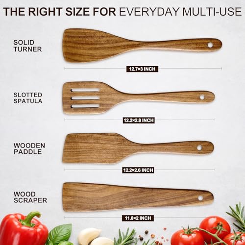 Acacia Wooden Spatula Set Non Toxic Kitchen Utensil Set Slotted Turner | Flat Wood Wok Spatulas for Cooking Spoon Kitchen Spurtle Bamboo Cooking Utensils Fish Egg Flipper Spatula Cast Iron Scraper - size: 4 Pieces