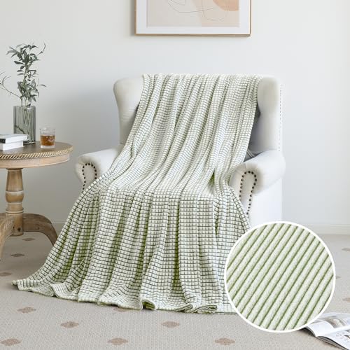 PLEASANT BOULEVARD | Fuzzy Throw Blanket Double-Sided Design Checkered Striped Waffe Lightweight Fleece Blankets for Bed and Couch Décor – Cozy, Soft, Cute for Women, Twin (60" x 80") Green - color: Green, size: Twin (60" x 80")