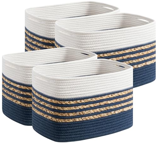 UBBCARE 4 Pack Baskets for Organizing, Woven Storage Baskets for Toys and Towel, Rectangle Cotton Rope Basket with Handles, 14''L x 8''W x9''H, Navy Blue - color: Navy Blue, size: 4 Pack - 14 X 8 X 9 Inches