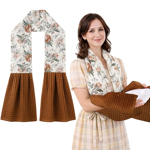 Cozy Laur Detachable Button Kitchen Towel Scarf – 100% Cotton Waffle Weave Hand Towel, Removable Washable Design for Cooking, Cleaning & Decoration - color: Red Brown