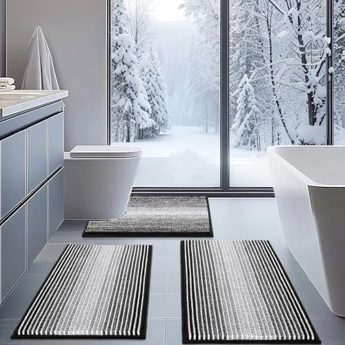 Bathroom Rugs Sets 3 Piece, Toilet Rugs U-Shaped Contour Bath Mat Set, Striped Absorbent Non Slip Chenille Shower Mat, Black - color: Black, size: 20"x32"+16"x24"+U Shape 20"x24"