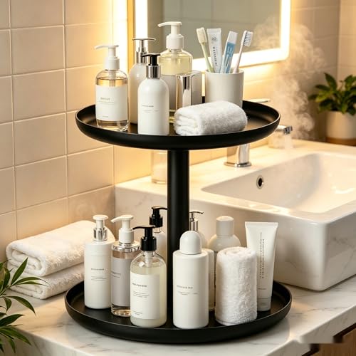 IBERG 2 Tier Lazy Susan Organizer, Rotating Spice Rack (Black)