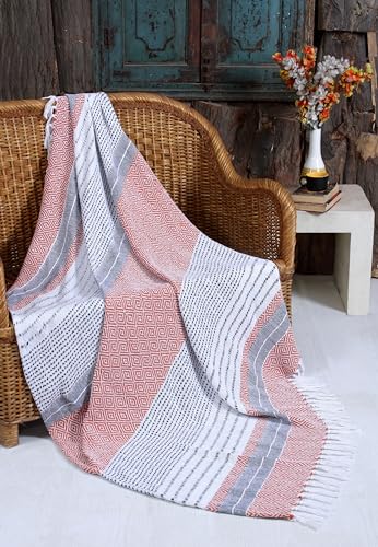 Handwoven Cotton Boho Throw Blanket with Tassels – All Season Throw for Decorative Luxury in Living Room or Bedroom, Soft Cozy Couch Sofa Bed Blanket, 50x60 Inches (Diamond Orange) - color: Diamond Orange