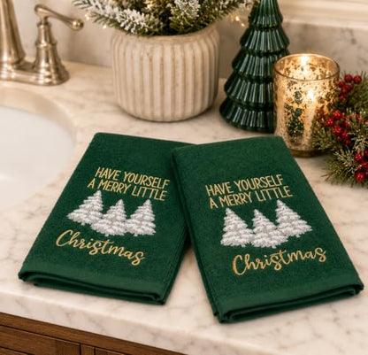 Holiday Christmas Bathroom Guest Hand Towels, 100% Cotton, Set of 2, Have Yourself a Merry Little Christmas Gold White on Green- 16” x 25” Decorative Bath & Kitchen Towels - color: Little Christmas