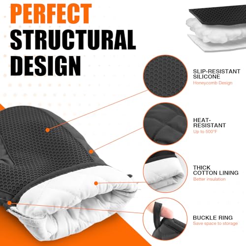 Silicone Oven Mitts, Heat Resistant 2PCS Oven Mitts with Soft Cotton Lining, Waterproof Non-Slip Grip Oven Glove, Kitchen Potholder Mits for BBQ, Baking, Cooking, 10.5Inch - Dark Black - color: Dark Black