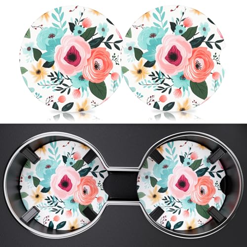 2 Pack Car Cup Holder Coaster, 2.63 inch Anti Slip Insert Absorbent Ceramic Car Coaster with Cork Base and Finger Notch, Cute Car Accessories Interior for Women, Cute Car Coasters., CH0025 - color: Retro Flower