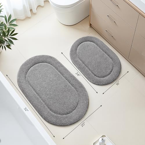 HOMEIDEAS Grey Oval Bathroom Rug Sets 2 Piece 20" x 32" + 16" x 24" | Microfiber Bath Mats, Non-Slip TPR Backing, Ultra Absorbent & Quick Dry, Machine Washable for Bathroom, Shower, Tub - color: Grey