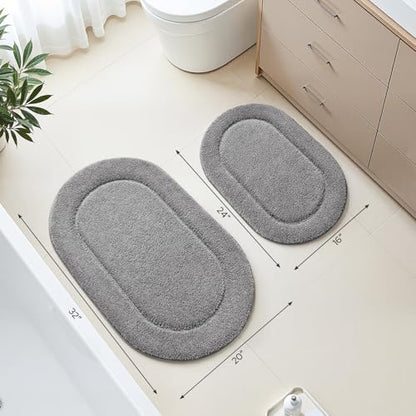 HOMEIDEAS Grey Oval Bathroom Rug Sets 2 Piece 20" x 32" + 16" x 24" | Microfiber Bath Mats, Non-Slip TPR Backing, Ultra Absorbent & Quick Dry, Machine Washable for Bathroom, Shower, Tub - color: Grey