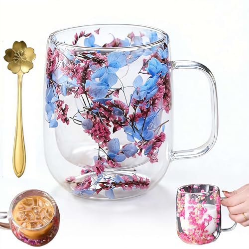 Double Wall Glass Coffee Mugs,Creative Clear Glass Cups with Handle Flowers Double Insulated Cup for Hot Cold Beverages Cappuccino Latte, Heat-Resistant Floral Glasses for Home & Gift Use (Color2) - color: Color2, size: 13 Ounces