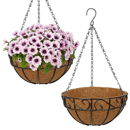 2 Pack 10 inch Metal Hanging Baskets for Plants, Round Metal Wire Hanging Basket Planter with Coco Fiber Liners Chain for Garden Home Porch Patio, Flower Border - size: 10" x 2 Pack, style: Flower Border