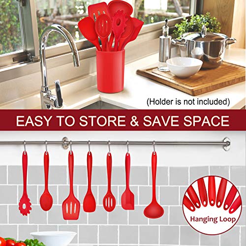 P&P CHEF Red Kitchen Utensils, Silicone Cooking Utensil Set of 7 | Soft Spatula for Nonstick Cookware, Slotted Turner, Soup Ladle, Pasta Server, Spoon for Cooking, Dishwasher Safe & Heat Proof - color: Red