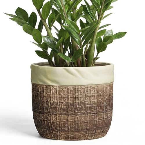 Ceramic Planter - 9.8 Inch Plant Pot for Indoor Outdoor Plants, Boho Ceramic Plant Pots with Drainage Hole and Plug, Round Indoor Planter, Garden Decor, Gardening Gifts for Women, Brown - color: Brown, size: 9.8 Inch