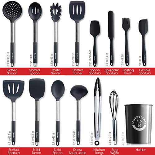 Chef Giant Silicone Kitchen Utensil Set | 15-Piece Stainless Steel Cooking Tool Kit with Holder, Spatula, Ladle, Pasta Server, Tongs, Whisk & More | Heat Resistant, BPA Free, Dishwasher Safe | Black - color: Black