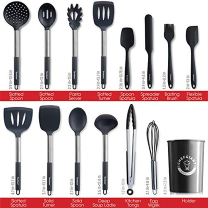 Chef Giant Silicone Kitchen Utensil Set | 15-Piece Stainless Steel Cooking Tool Kit with Holder, Spatula, Ladle, Pasta Server, Tongs, Whisk & More | Heat Resistant, BPA Free, Dishwasher Safe | Black - color: Black