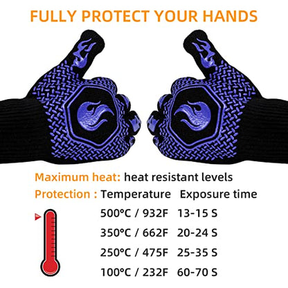 BBQ Gloves 1472F Heat Resistant Non-Slip Silicone 13.5in (Blue) | Grill Cut-Resistant, Oven Kitchen Safe for Barbecue, Cooking, Frying - color: Blue