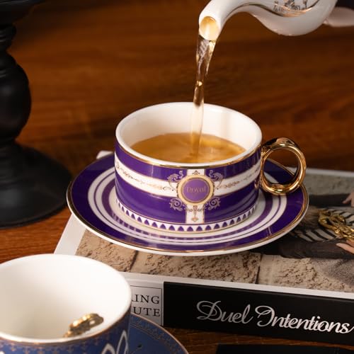 KAMMAK Tea Cups and Saucers Set of 2, Porcelain Coffee Cups, NX026 | Gold Rim, Stackable Espresso Mugs, Ceramic Demitasse for Coffee, Latte, Americano, Afternoon Tea, Elegant Gift for Women - size: 8CZNX026