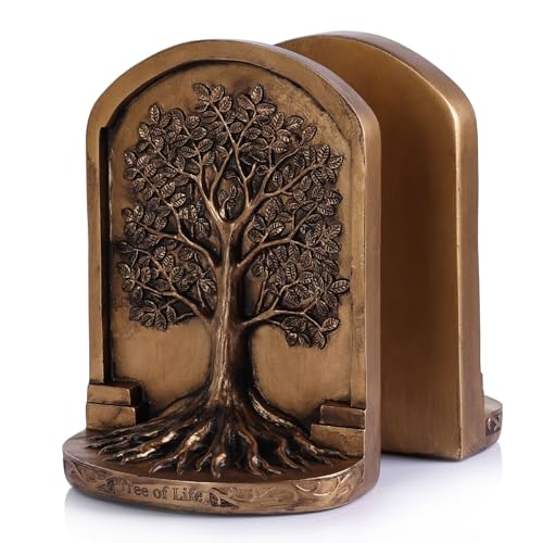Large Vintage Bronze Finish Tree of Life Bookends Set, 2 Non-Skid Heavy Bookends for Shelves or Bookcase, Decorative Bookends for Desktop Shelf Decor, Library Office Decor, Home Décor Gift - color: Antique Bronze, size: Large
