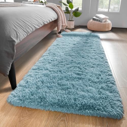 YJ.GWL Fluffy Runner Rugs for Bedroom Living Room Soft Shag Teal Rug 2x6 Feet, Turquoise Green Plush Carpet Non Slip for Nursery Dorm, Fuzzy Bedside Rug for Kids Boys Girls Room Home Decor - color: Turquoise Green, size: 2' x 6' (Rectangular)