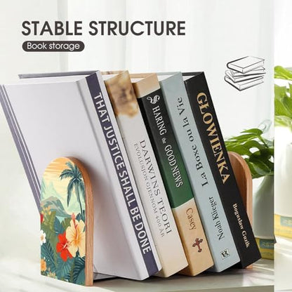 Summer Hawaiian Book Ends for Shelves - 2 Pack Handmade Wooden Bookends with Metal Base, Sturdy Book Holder for Heavy Books Modern Decorative Book Stopper for Home Office