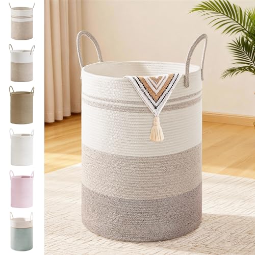 58L Tall Cotton Rope Laundry Basket with Handles, Brown Striped | Storage Bin for Clothes, Blankets & Kids Toys, Boho Woven Hamper, Portable Organizer for Nursery, Bedroom, Living Room - color: Brown Striped, size: 58L