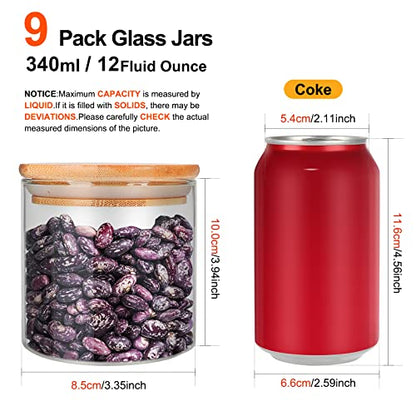 DHSBTLS 9 Pack 12 oz Glass Jars with Airtight Bamboo Lids for Kitchen | 340 ml Pantry Organization Jar, Glass Terrarium with Lid, Spice, Flour and Sugar Container, Canister Set for Kitchen Counter