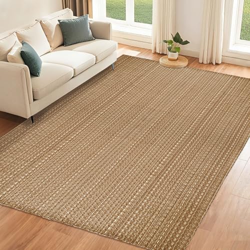 Tan Brown Boho Faux Jute Area Rug 6x9 ft,Braided Solid Non Slip Rug | Washable neutral large carpet, suitable for living room, bedroom, dining room and office - size: 6' x 9' (Rectangular)