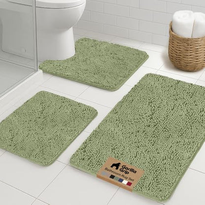 GORILLA GRIP Bathroom Rug Sets 3 Piece, Bath Mat Set and Oval Toilet Base with Rubber Backing, Plush Absorbent Shaggy Chenille Washable Mats, Includes 24x19.5, 24x17 and 30x20 Inch Rugs, Sage - color: Sage, style: 24"x19.5" + 24"x17" + 30"x20" - 3 Pack