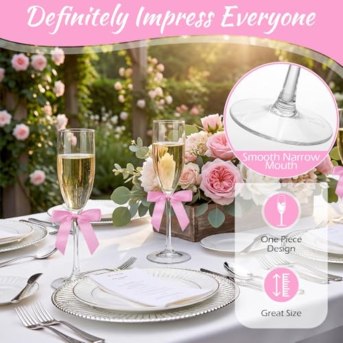 Zopeal Plastic Reusable Champagne Flute Glasses 6 oz and 50 Pcs Bow Set Acrylic Wedding Toasting Goblet 3.5" Bow Unbreakable Wine Cup for Bachelorette Bridal Shower Party(Clear and Pink) - color: Clear and Pink