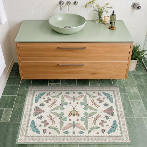 Washable Boho Bathroom Rug 2x3, Small Throw Rugs for Kitchen, Powder Room, Front Door Indoor Entrance, Non Slip Low Pile Stain Resistant, Dusty Green Colorful Cool Insect Aethestic - color: Beige Green, size: 2' x 3' (Rectangular)