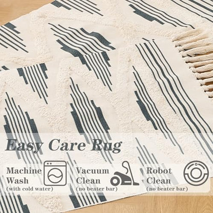 Boho Runner Rug Washable Hallway Rug Runner, Tufted Woven Cotton Farmhouse Area Floor Mat for Bedroom, Modern Diamond Entryway Carpet with Tassels (Grey, 2'x3') - size: 2' x 3' (Rectangular)