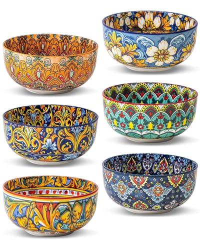 Yeacccng Bohemian Cereal Bowls Set of 6, 5.9 Inch 27 Oz Ceramic Soup Bowls, Microwave Dishwasher Safe, Lead-Free Scratch-Resistant for Oatmeal Pasta Salad, Colorful Boho Bowls