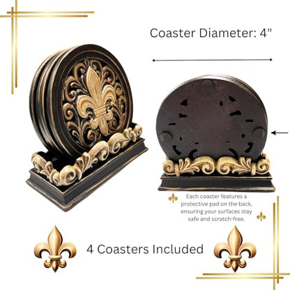 BestGiftEver Fleur De Lis Carved Scrolls 4 Coasters Set Kitchen Decoration | Rustic Western Farmhouse Decor Cup Mats, Coffee Table Drink Protection, New Apartment Accessory, Housewarming Gift for Women