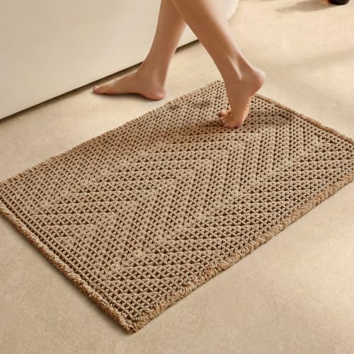 Sunfly Boho Bathroom Rug, Herringbone Waffle Bath Mat Non-Slip Washable Super Absorbent Quick Dry, Farmhouse Bath Mat for Bathroom Floor Decor 20"*30" Khaki - color: Akhaki, size: 1'8" x 2'6" (Rectangular)