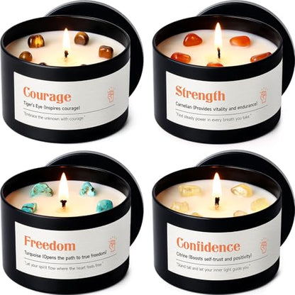 AOOVOO Crystal Empower Candles Set for Women - Soy Candle for Home Scented | 4 Pack 26 oz, 200 Hour Long Lasting Candle, Freedom Turquoise/Confidence Citrine/Strength Carnelian/Courage Tiger's Eye - color: Empower Candles Set