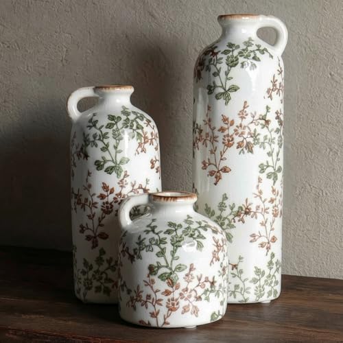 Green Floral Vase Set of 3 with Handles, Vintage Ceramic Jugs for Decor | Crackle glaze finish for farmhouse living rooms, shelves and table displays - color: Green & Brown02