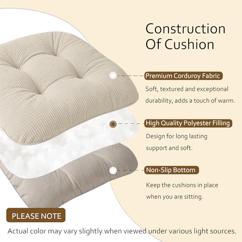 ELFJOY Dining Chair Cushions Set of 2 Non Slip 18"X18"X3" Beige | Thick,Textured Fabric, with Ties, Tufted, Large, for Kitchen, Dining Room, Indoor, Bedroom, Living Room, Office, Comfortable - color: Beige