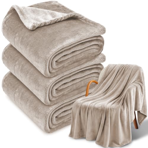3-Pack Fleece Throw Blankets 50x60, 300GSM Soft Flannel Plush Blanket, Lightweight Warm Couch Sofa Bed Blankets, No Shedding All Season (Camel) - color: Camel