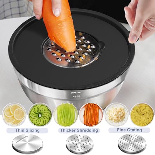 Umite Chef Mixing Bowls with Airtight Lids Set, 8PCS Stainless Steel Nesting Bowls Set, 3 Grater Attachments & Non-Slip Bottoms, Size 5, 4, 3.5, 2, 1.5QT for Baking & Mixing(Black) - color: Black