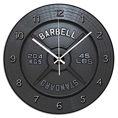 ArogGeld Barbell Wooden Wall Clock Rustic Style Battery Operated Silent Non Ticking Clocks Numerals Decorative for Kitchen Living Room Bedroom Office Farmhouse Gift 12x12in