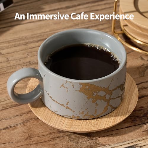 LUKA 6 Ounce Porcelain Stackable Espresso Cups with Saucers and Metal Stand Set of 4, Ceramic Cappuccino Cups Set for Specialty Coffee Drinks, Latte, Cafe Mocha and Tea, Gray - color: Gray