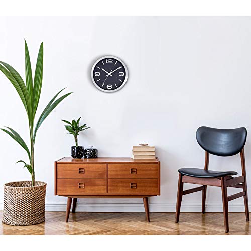 Bernhard Products Modern Wall Clock 10 Inch Black & Silver Silent Non Ticking Battery Operated Metal Round Elegant Quality Quartz, Kitchen Home Office Clock with 3D Numbers, Easy to Read - color: Silver & Jet Black