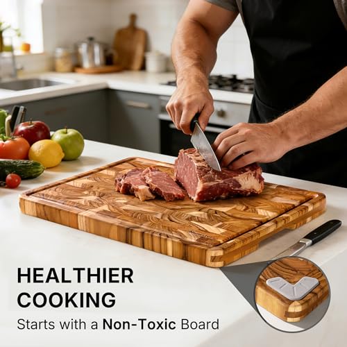 Teak Wood End Grain Cutting Board for Kitchen with Non-slip Feet, Heavy Duty Checkered Cutting Board Upgraded Chopping Board with Juice Groove & Handle Large Wooden Butcher Block with Gift Box - size: 17"L x 12"W