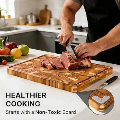 Teak Wood Extra Large End Grain Cutting Board for Kitchen with Non-slip Feet, Heavy Duty Checkered Cutting Board with Juice Groove & Handle Handcrafted Luxury Chopping Board for Meat, Vegetables - size: 24"L x 18"W