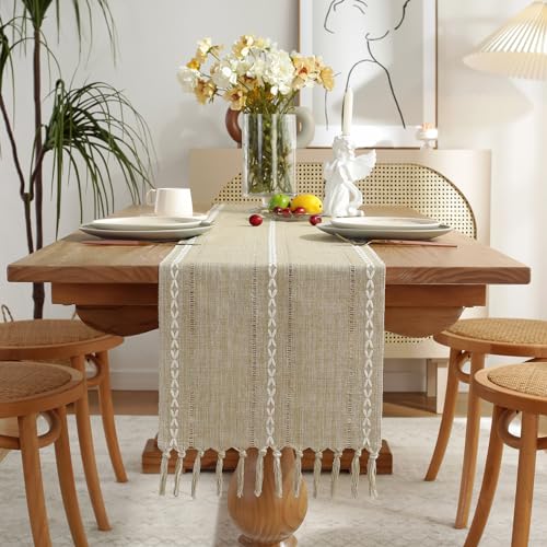 Wracra Rustic Linen Table Runner, Coffee Table Runners 36 inches Long | Raised Embroidered Hollow Design and Hand-Tassels;Cotton Linen Woven Fabric; Farmhouse Table Runner;Home Dining Decor - color: Hemstitched Coffee, size: 13"×36"